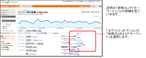 訪問の参照元や検索のキーワード毎の直帰率の内訳を確認します